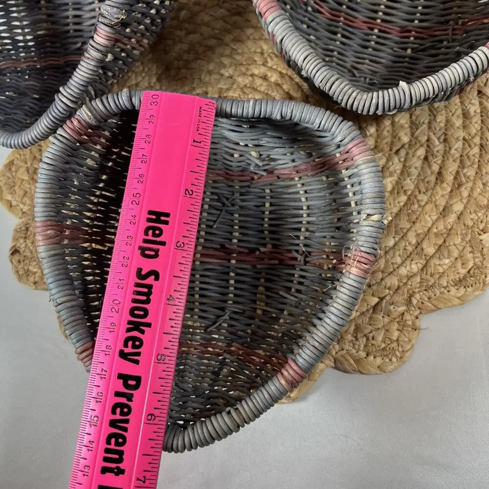 Vintage 80s Heart Wicker Nesting Baskets Set 3 Country Blue Mauve Cottage Decor